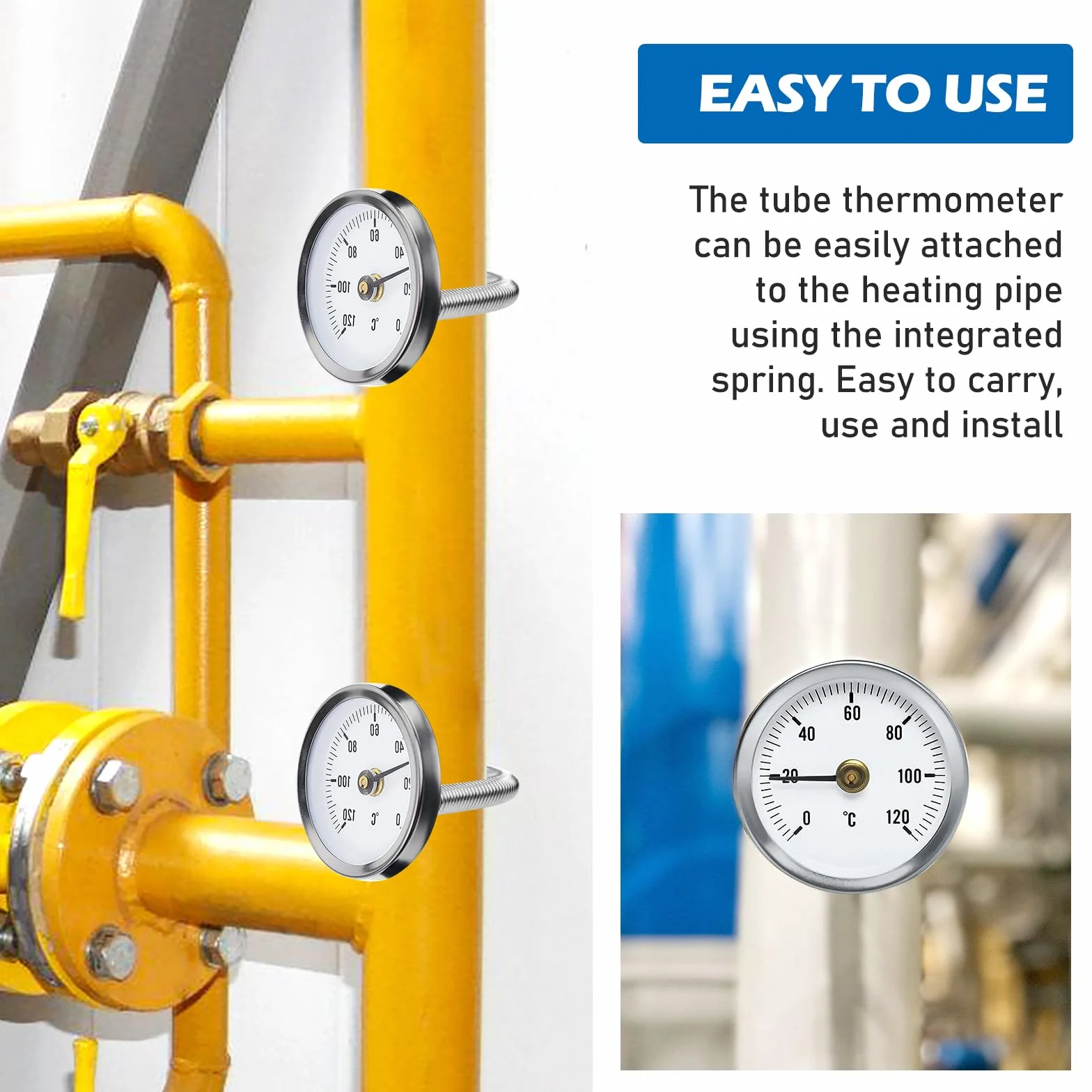 PORFOYO 6 Stück Anlegethermometer Heizungsrohr, Rohrthermometer, Temperaturanzeige Mit Clip-On Feder, Mit Aufsteckfeder 63mm Heißes Wasser Rohr Thermometer Zeigerthermometer Für Rohre 0-120℃