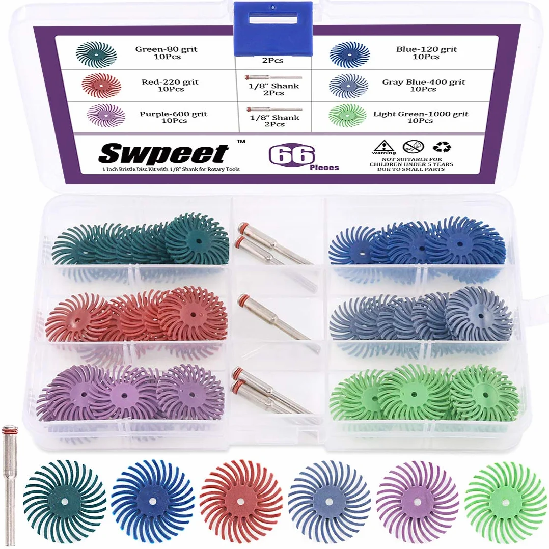 Swpeet 66 Stück 2,5 cm 6 gemischte Körnung 80/120/220/400/600/1000 Radialborsten Schleifbürste Lücke Polierpad Polierscheiben Sortiment Kit