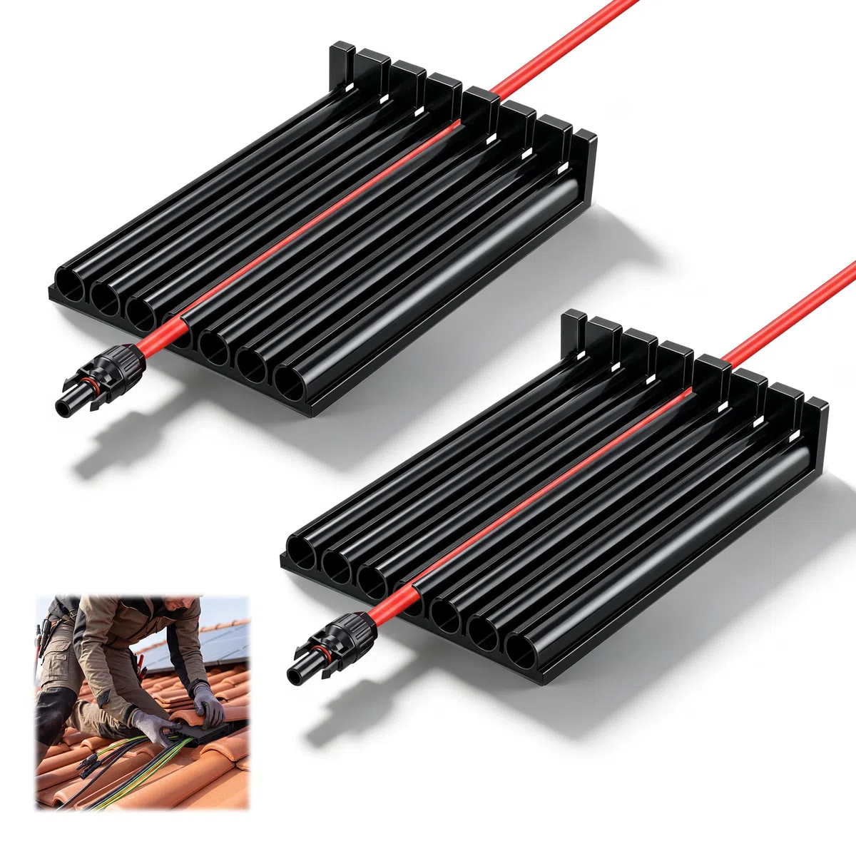 Enhon 2 Stück PV Kabelschutz für Ziegeldach - Dachdurchführung Solar für bis zu 7 Kabel (4–8 mm²) – Flexible Kabelschutzlösung gegen Abrieb & Kabelbruch – Einfache Installation ohne Bohren(Schwarz)