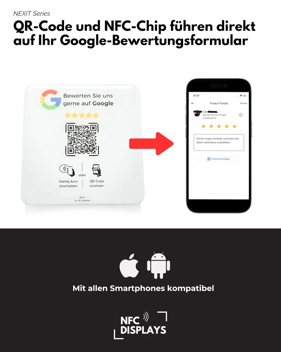 Karte/Schild für Google Bewertungen mit QR-Code und NFC (12x12cm selbstklebend) - weiß