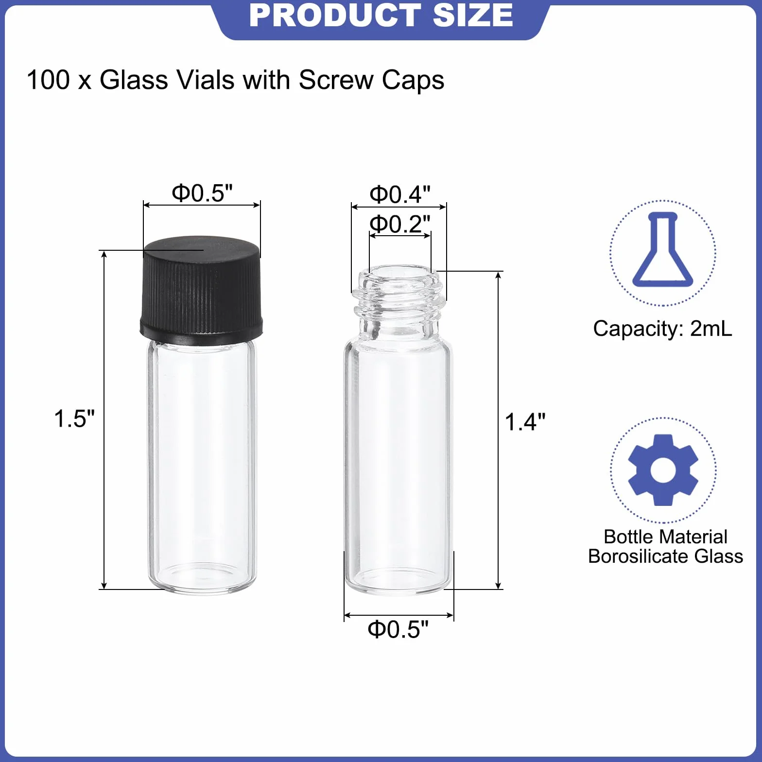 PATIKIL 2 ml klare leere Glasfläschchen, 100 Stück Probenfläschchen mit Schraubverschluss Reagenzglas auslaufsicher für Flüssigkeitsproben im Labor