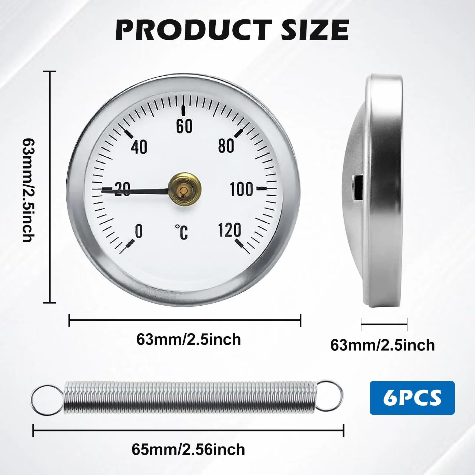 PORFOYO 6 Stück Anlegethermometer Heizungsrohr, Rohrthermometer, Temperaturanzeige Mit Clip-On Feder, Mit Aufsteckfeder 63mm Heißes Wasser Rohr Thermometer Zeigerthermometer Für Rohre 0-120℃