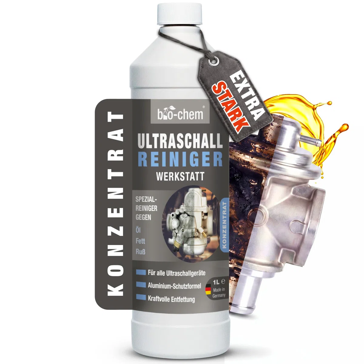 bio-chem Ultraschallreiniger Werkstatt Konzentrat 1L | Für Ultraschallbäder | geeignet für Vergaser, Metall & Aluminium bei Öl, Fett, Ruß & Abrieb