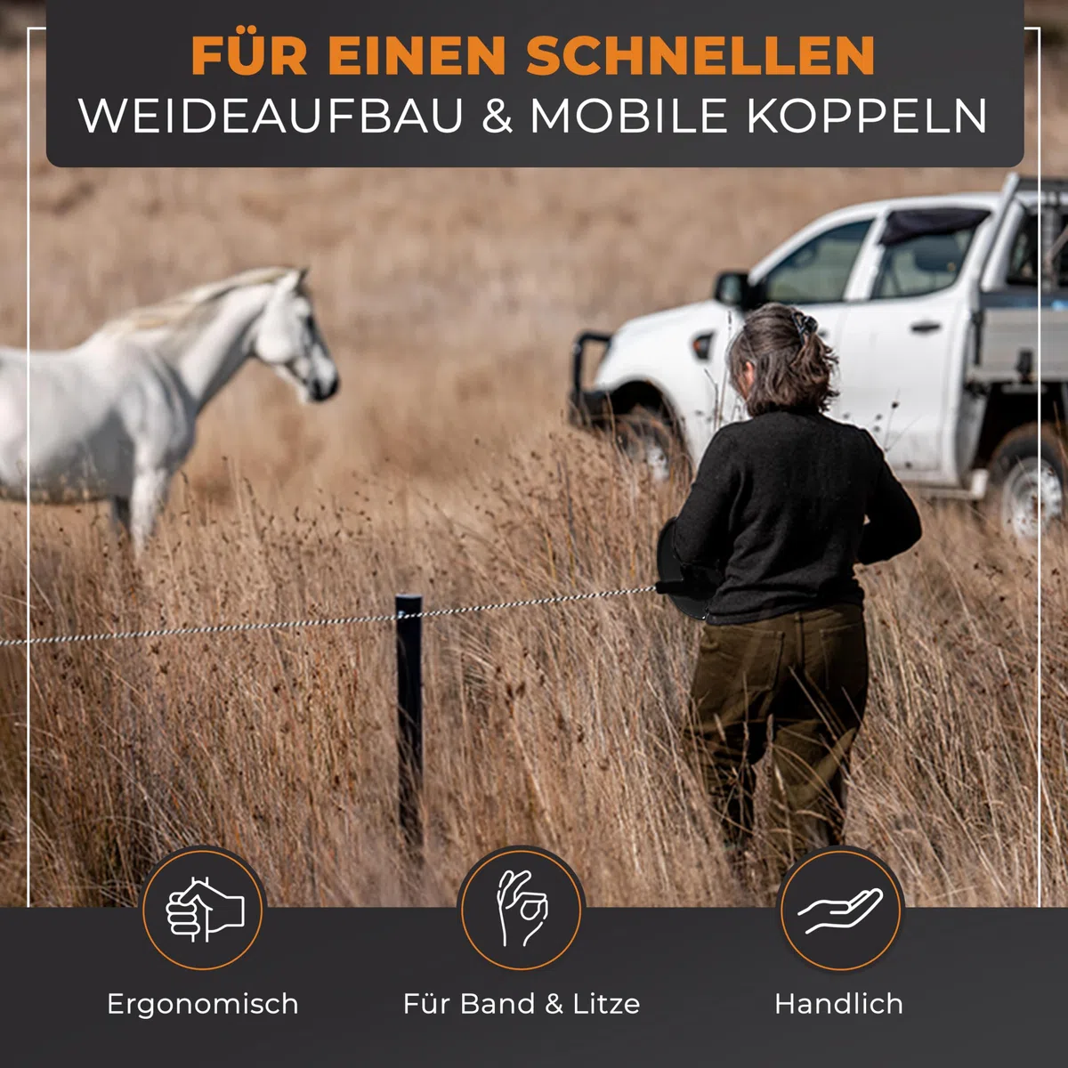 Weidezaunhaspel für 800m Litze - Premium Haspel für Elektrozaun - Robuster Weidezaun Aufroller - Kunststoffhaspel für Stromzaun - Wetterfeste Zaunhaspel