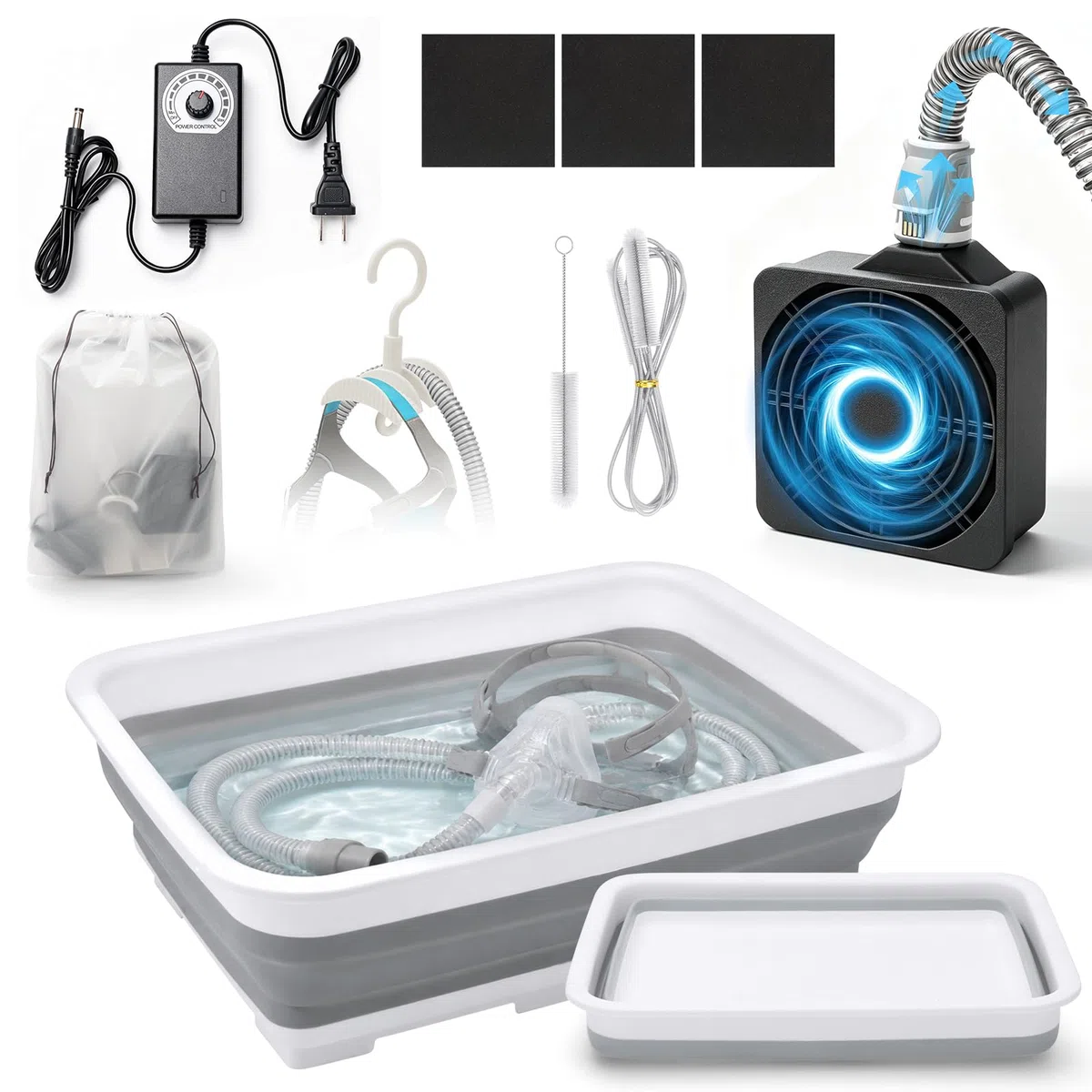 CPAP Reinigungsset für Schlauch und Maske - CPAP Zubehör mit faltbarem Waschbecken, 10-Stufen Schlauchtrockner, 210cm Reinigungsbürste, Doppel-Schlauchhalter & Tasche, für 15mm & 22mm Schläuche