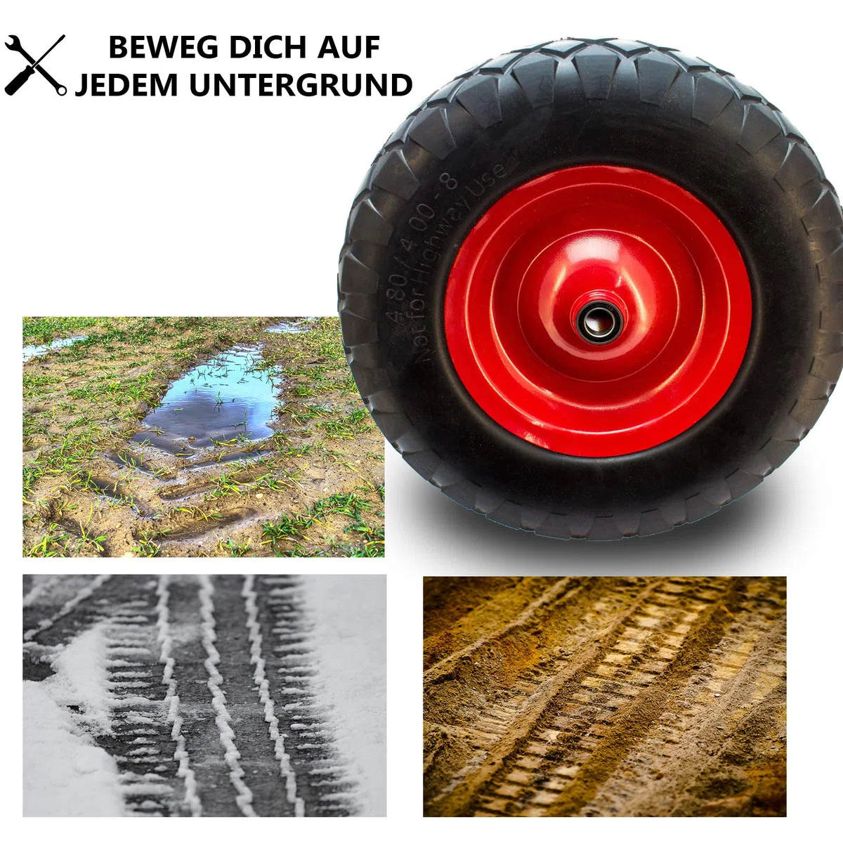 Schubkarrenrad, Luftreifen mit Schlauch, Stahlfelge, Präzisionskugellager, Ink. Achse, Ersatzrad für Schubkarre & Transportwagen, 4.80/4.00-8, 200 Kg Tragkraft