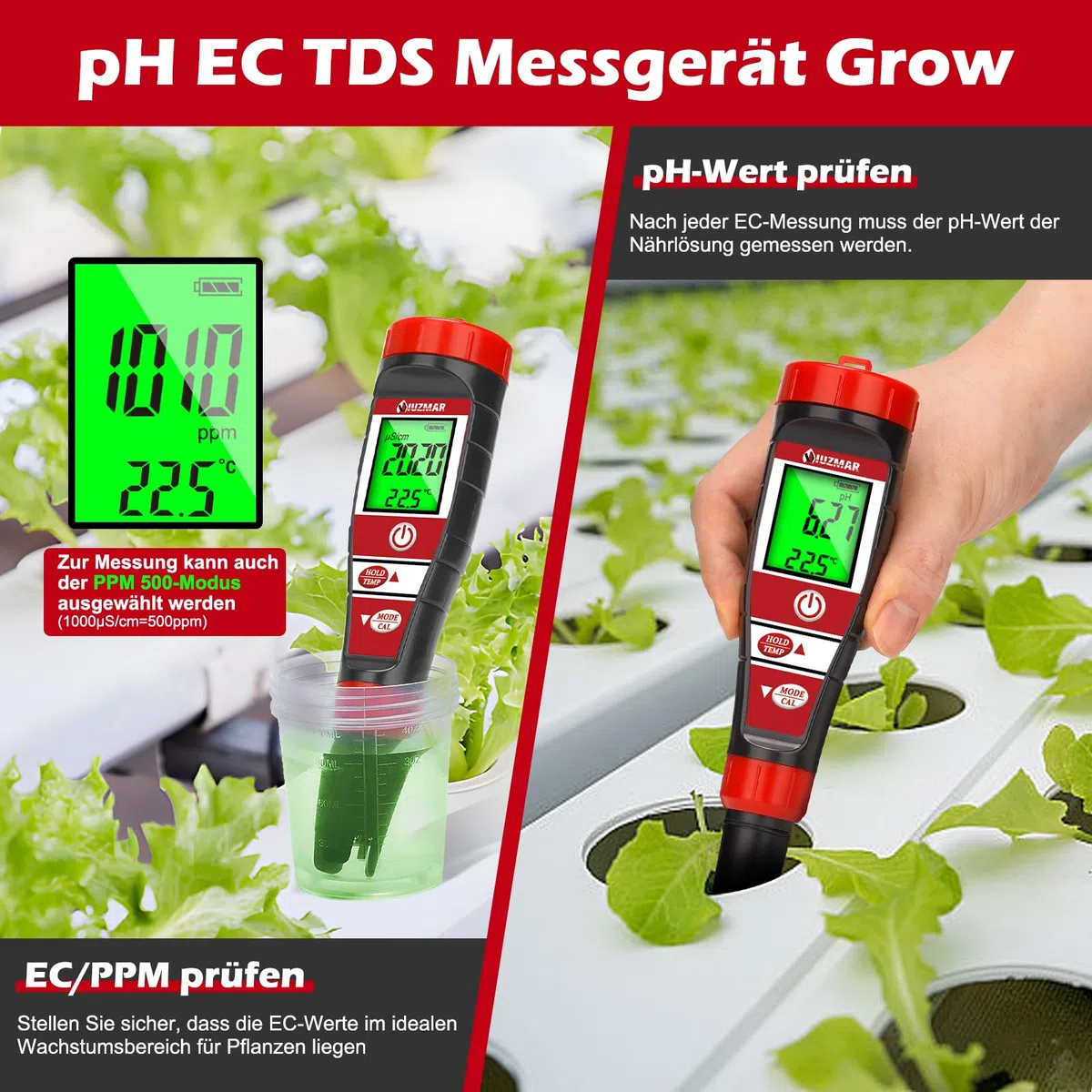 UIUZMAR pH Messgerät Wasser, pH EC Messgerät Grow für Hydrokultur, TDS pH Messgerät für Trinkwasser, Pool Wasserqualitätstester von 4 in 1 pH EC TDS Temperatur für Schwimmbecken, Whirlpool, Aquarium