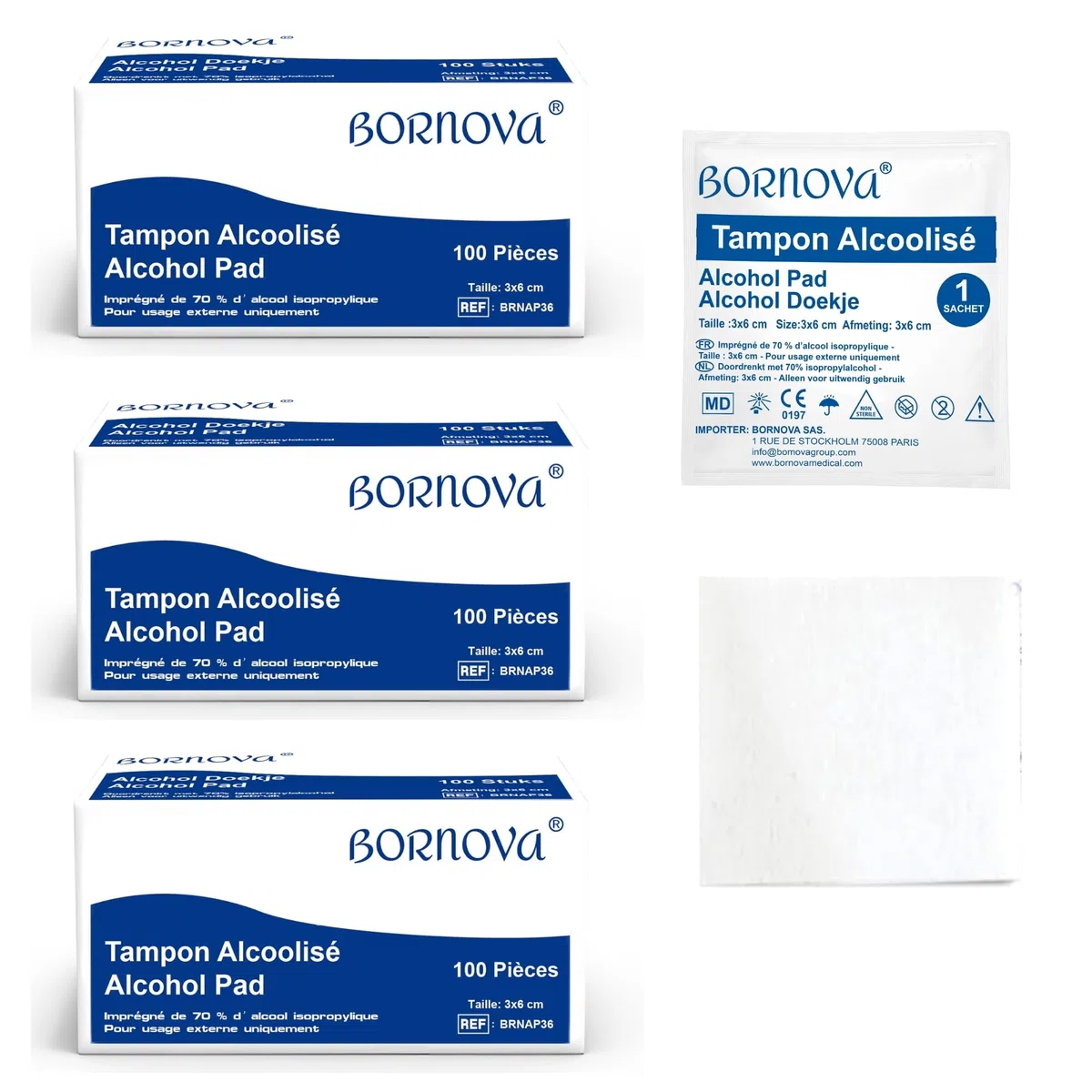 300 Stück – Alc-Pads, imprägniert – Reinigungstuch, 3 x 6 cm für die Reinigung von Haut und Gegenständen, Einmalgebrauch. BORNOVA