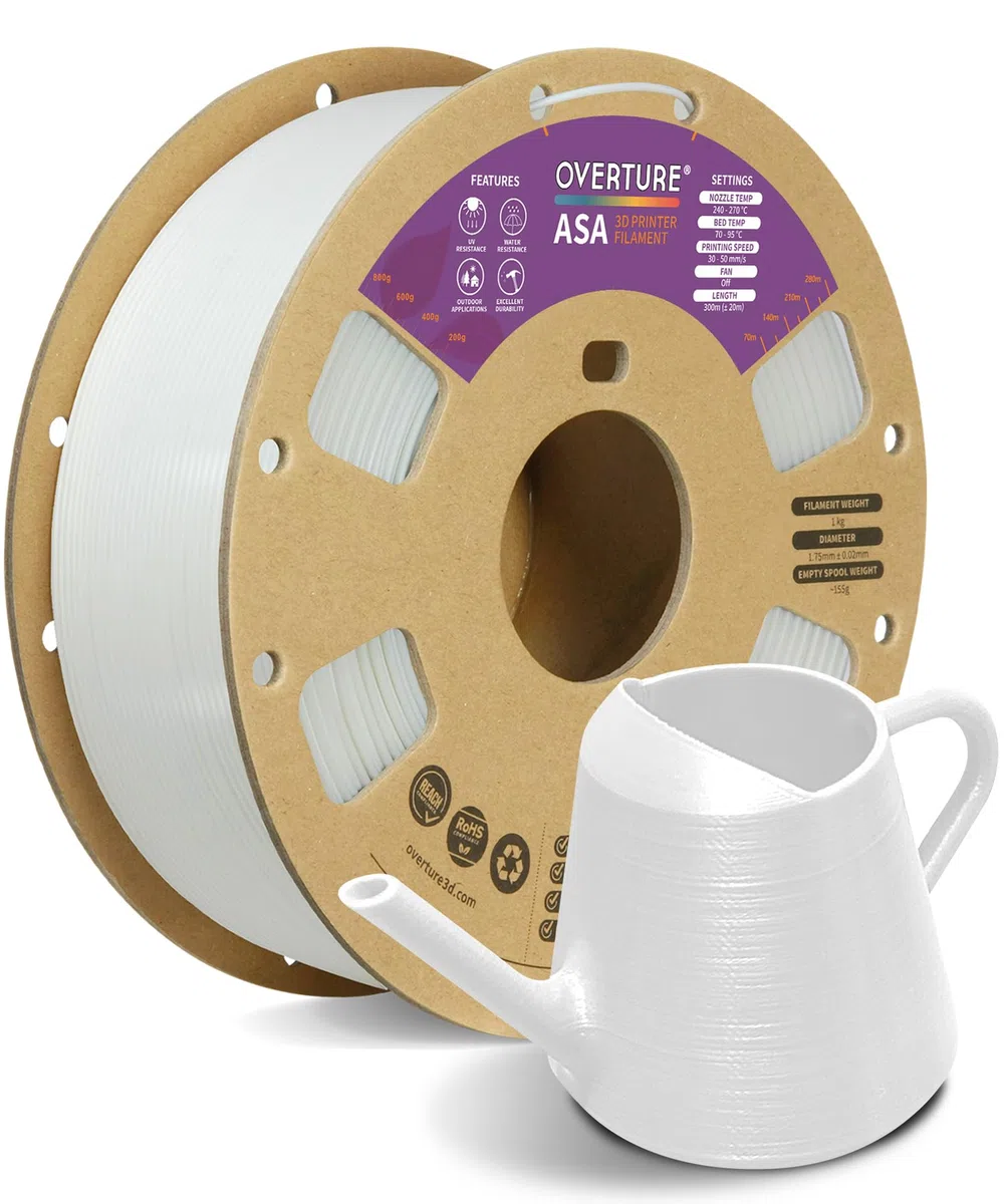 OVERTURE ASA Filament 1.75mm, Spule 1kg (2.2lbs), Maßgenauigkeit +/- 0.03 mm, für 3D Drucker (Weiß)