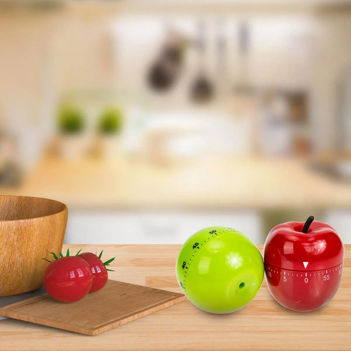 2 Stück Mechanischer Küchentimer Apfelform Grün Rot Manuell Drehbarer Kurzzeitwecker ohne Batterien Mechanischer Countdown für Backen Kochen Zeitmanagement Küche