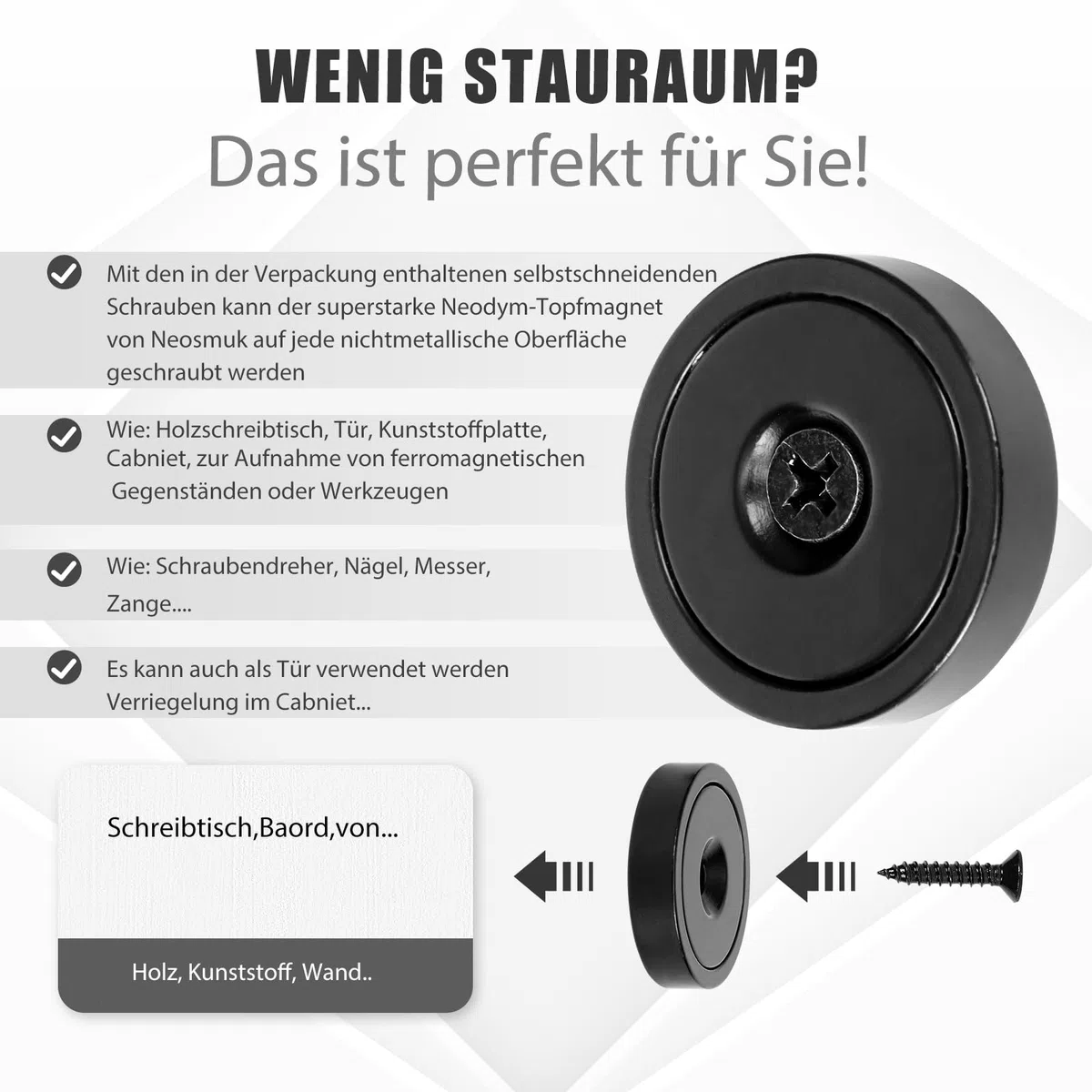 Neosmuk Neodym Magnete mit Loch, 50kg Extra Stark, Runde Magnete zum Anschrauben, Magnet mit Gewinde, Starke Magnete zum Schrauben(10er Set, Schwarz)