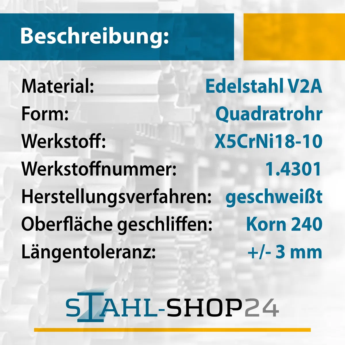 Stahl-Shop24 - Edelstahl Quadratrohr V2A Hohlprofil geschweißt Geschliffen Konstruktionsrohr Vierkantrohr für Konstruktionen Werkstoff 1.4301, Länge: 1000 mm, Abmessung: 25 x 25 x 2 mm