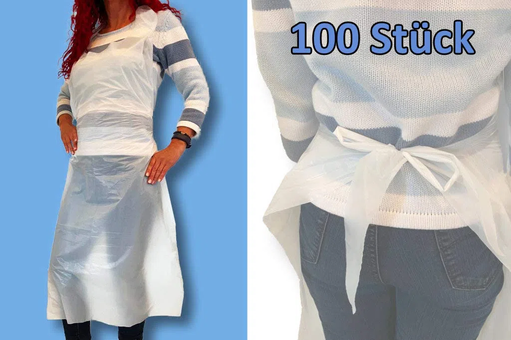 100 Stk wasserdichte Einwegschürzen 75x120 cm Folienschürzen Folienhemdchen Schutzkittel Einwegkittel Einmalschürze Folienponcho Poncho Folienoverall Schutzoverall Frisörschürze universelle Größe weiß