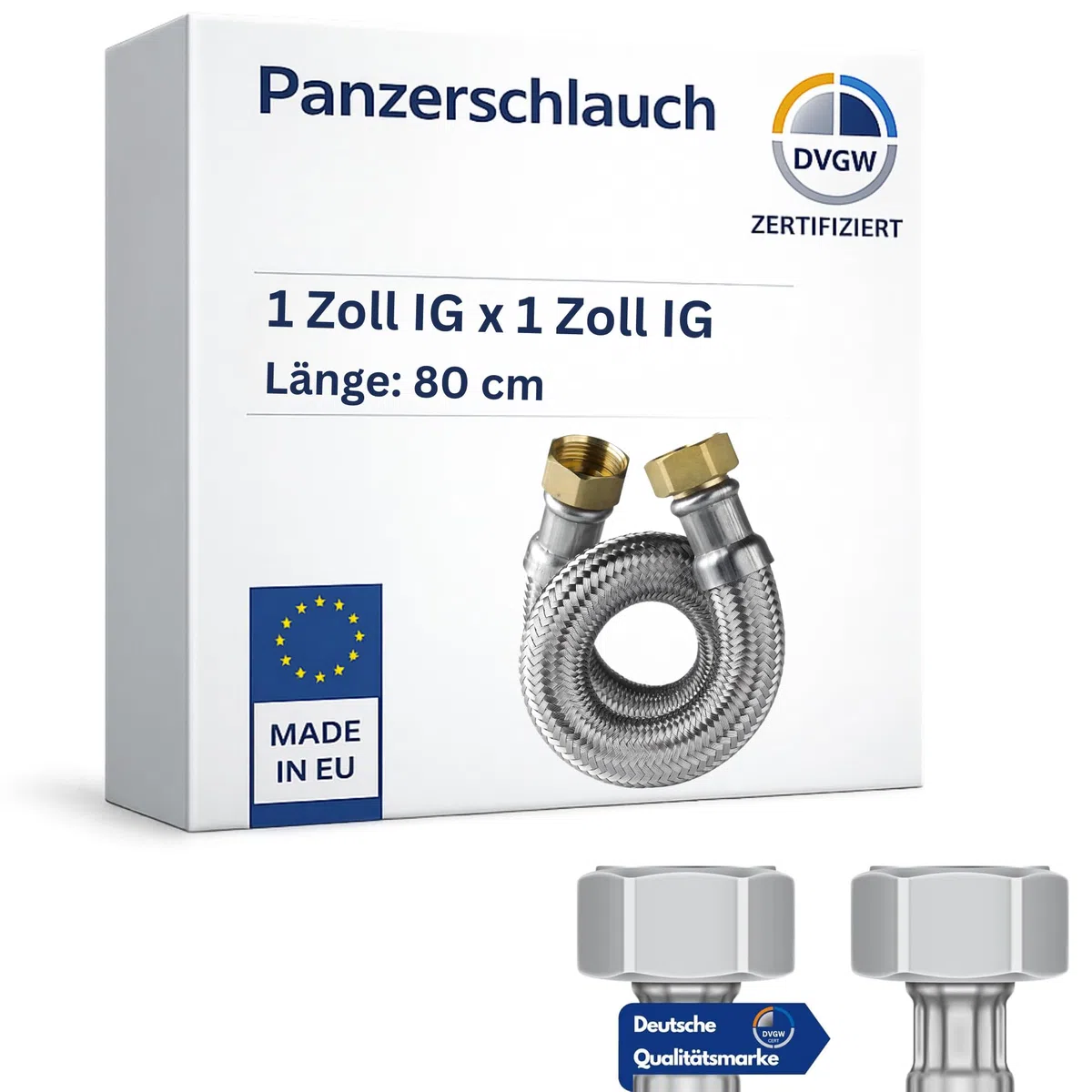 DVGW gep. Panzerschlauch 1 Zoll DN25 Edelstahl Flexschlauch Wasseranschluss Heizung Enthärtungsanlage mit Edelstahlumflechtung | 80 cm Überwurfmutter x Überwurfmutter