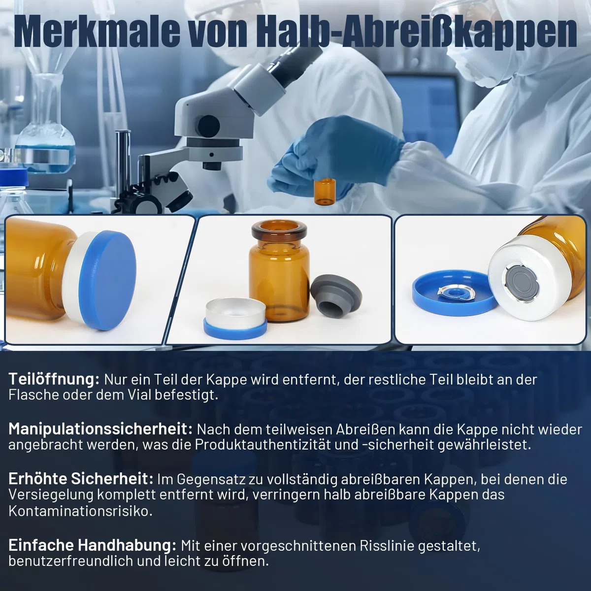3 ml bernsteinfarbene Glasfläschchen mit Kunststoff-Aluminium-Klappkappen und Gummistopfen, 100 Stück, 20 mm flacher Boden, Laborfläschchen