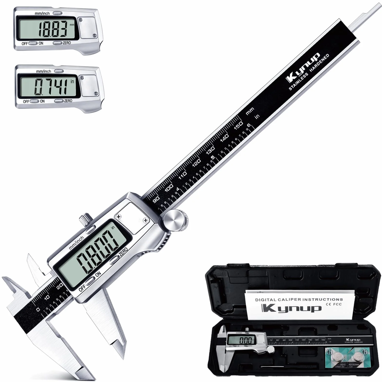 Kynup Digital Messschieber, 150 mm Schieblehre Digital Edelstahl, Elektronik Digitaler Messschieber Messwerkzeuge, LCD Display für Haushalt und Industrie Messung Messlehre, Schwarz