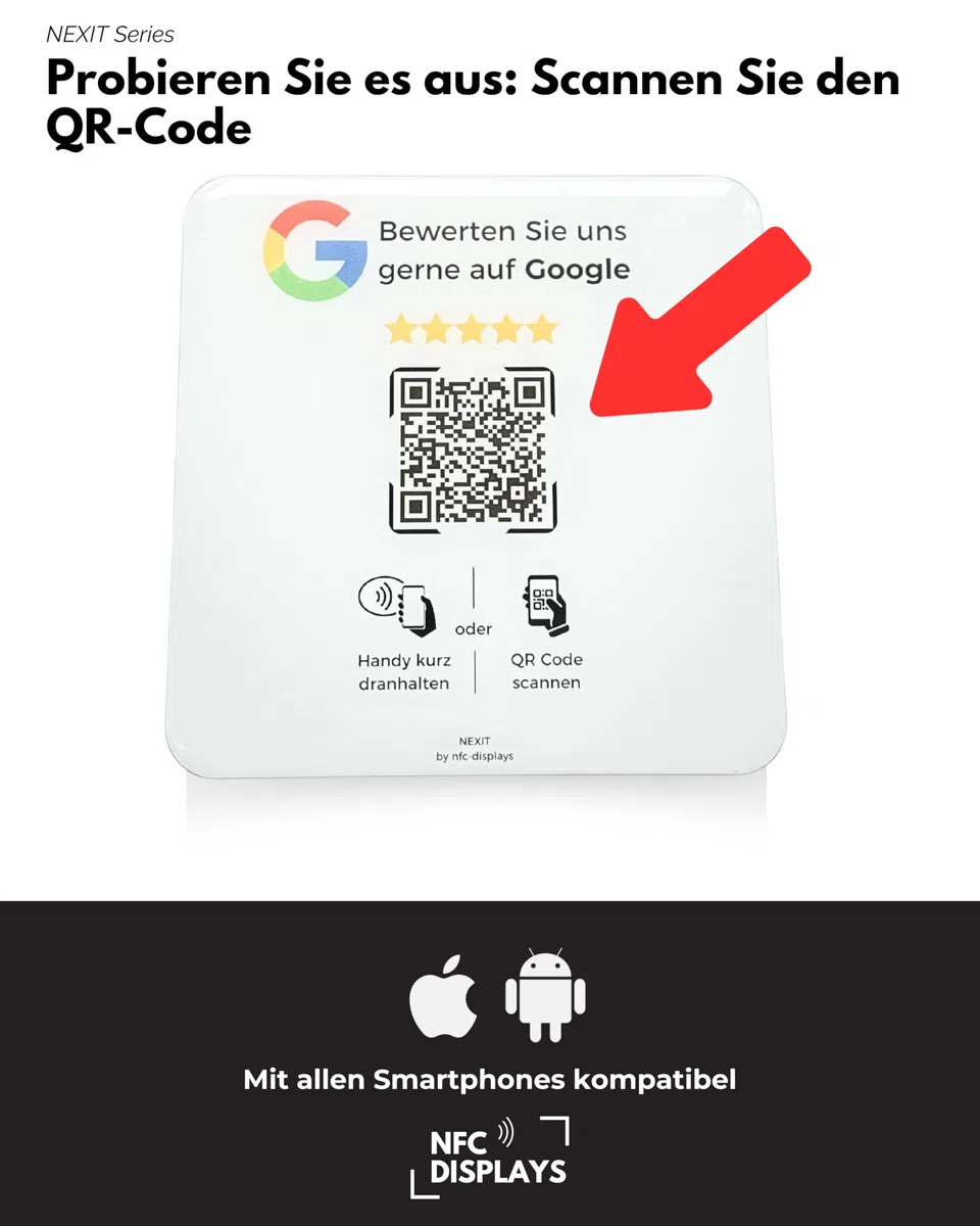 Karte/Schild für Google Bewertungen mit QR-Code und NFC (12x12cm selbstklebend) - weiß