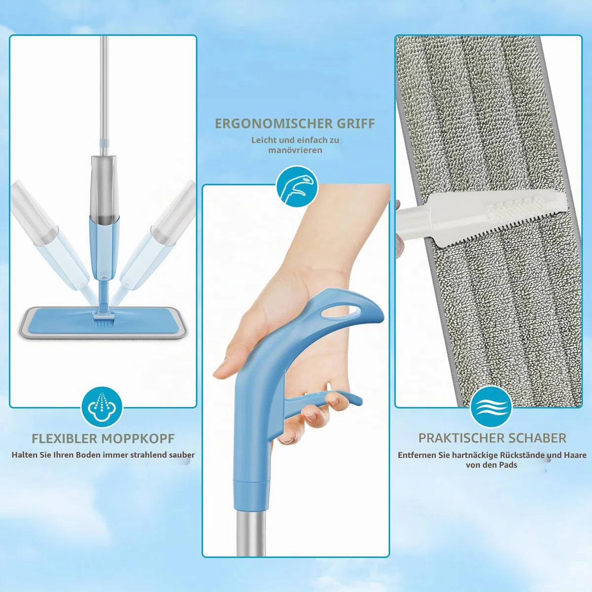 Wischer mit Sprühfunktion Sprühwischer Bodenwischer, MEXERRIS Wischmopp mit Wassertank 360 Grad Rotierender Wischmopp Spray Mop Wischer Boden mit 3 Waschbaren Mikrofaser Pads für alle Böden