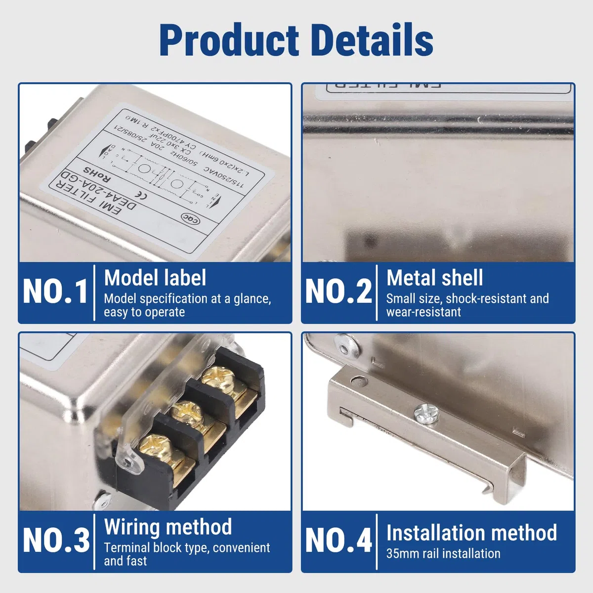 Netzfilter, DEA4-20A-GD EMI Filter Leistungsfilter, 115V 250V 20A 50/60Hz Einphasenfilter, Klemmenblock Verbindung