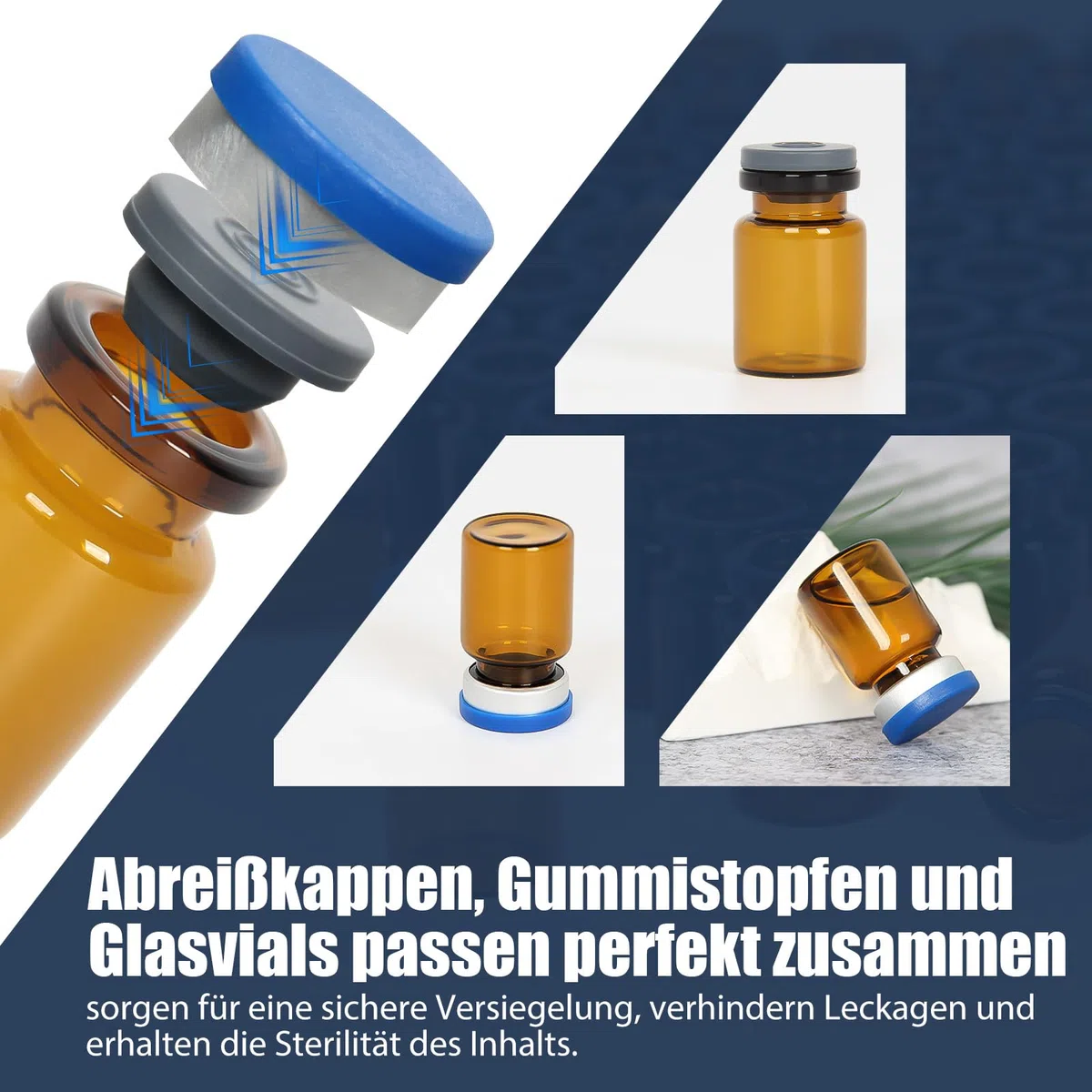 3 ml bernsteinfarbene Glasfläschchen mit Kunststoff-Aluminium-Klappkappen und Gummistopfen, 100 Stück, 20 mm flacher Boden, Laborfläschchen