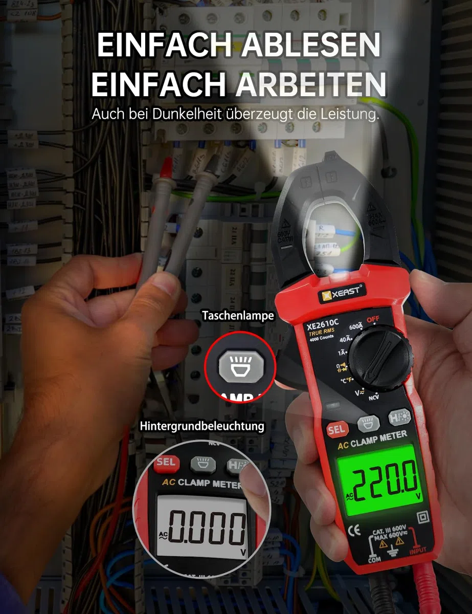 Stromzange Multimeter, True-RMS 4000 Zähl Auto Range Zangenamperemeter, Strommesszange für die Messung AC/DC-Spannung, AC-Strom Temperatur Widerstand Kapazität Kontinuität Diode NCV