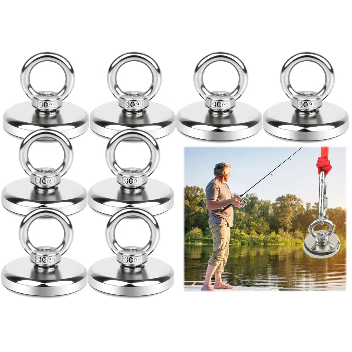 8 Stück Neodym Magnete Extra Stark 45kg Groß Magnetfischen 32MM Magnete Stark, Super Starker Angelmagnet mit Heberinge und Schrauben Loch für Geeignet Magnet Fischen in Haus, Werkstatt